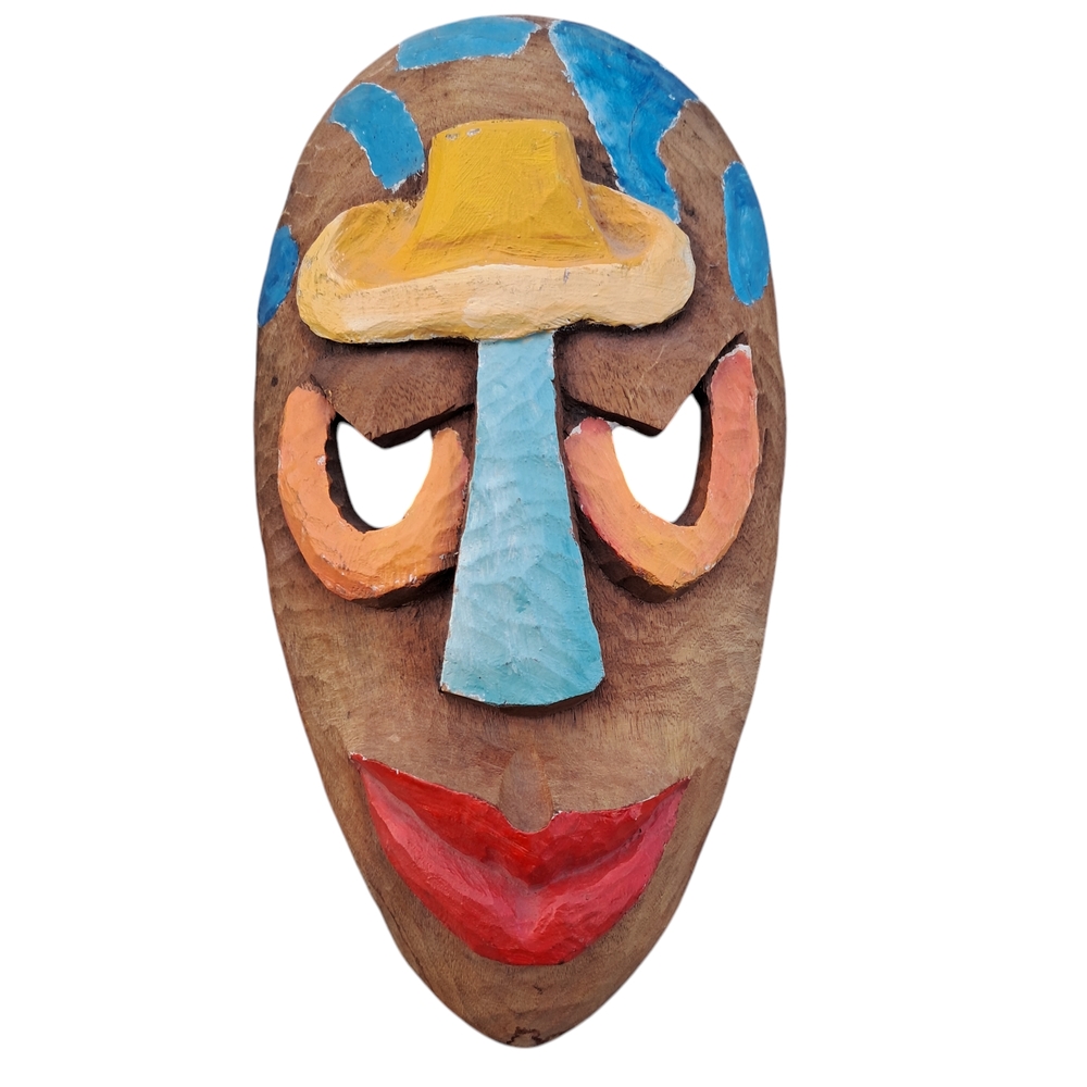 Colorful Handcrafted Wooden Mask Signed Haitian Painted Tribal Wall Hanging